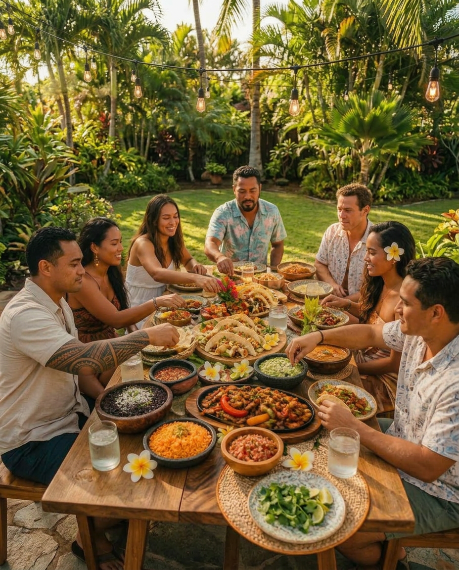 Friends and family gathered around a vibrant Mexican feast with tropical Hawaiian flowers