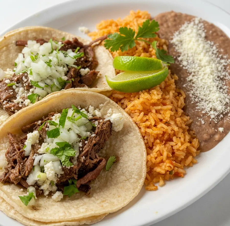 Taco plate with tacos, rice, and beans
