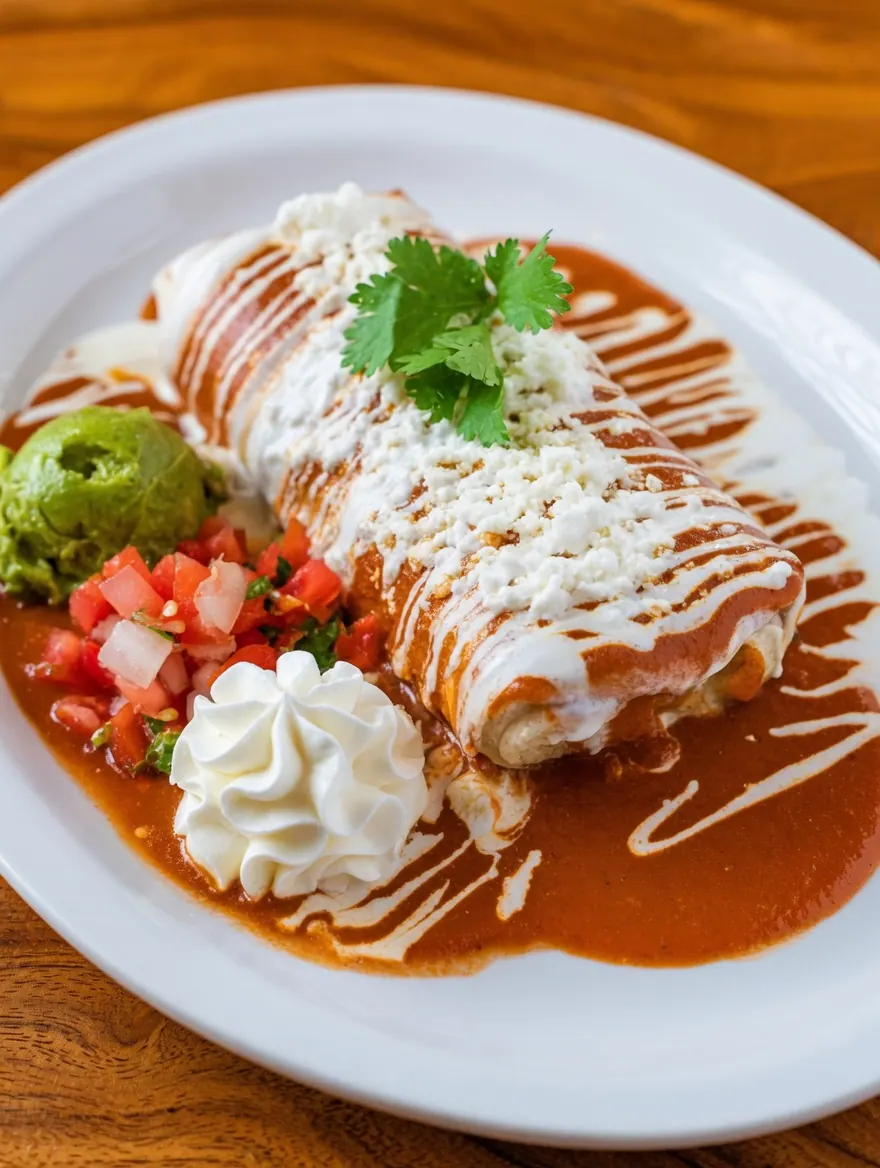Sergio's Grande Burrito with rice, beans, queso ranchero, guacamole, sour cream, pico de gallo, salsa roja, crema mexicana, and lettuce